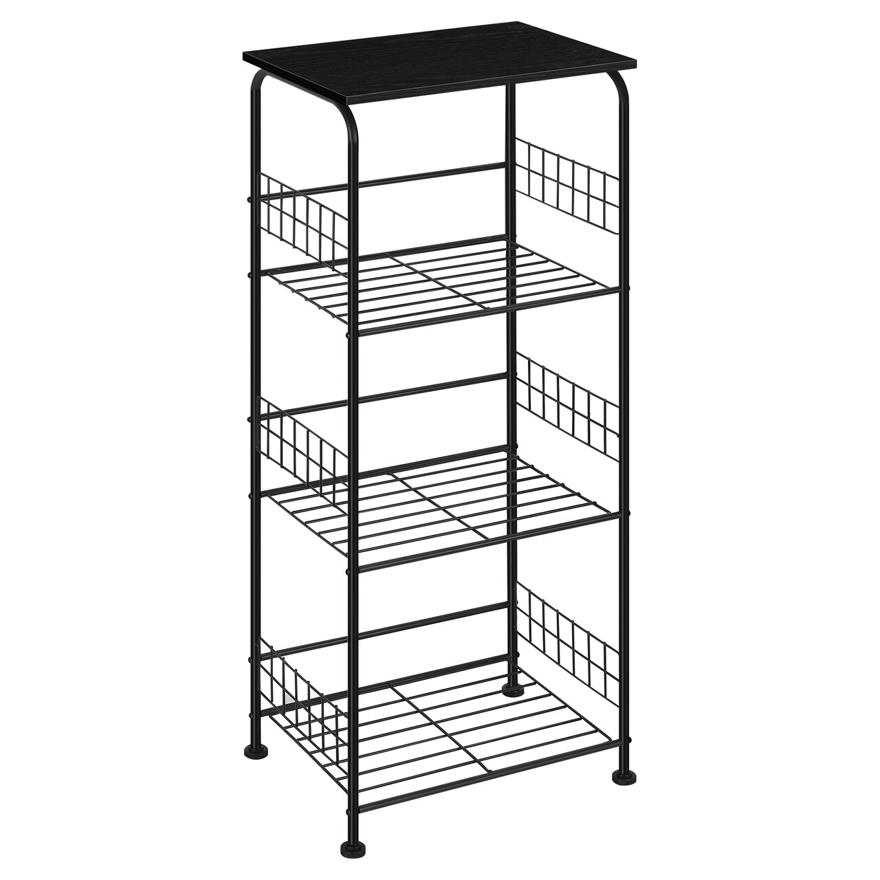 4-Tier Black Metal Storage Cart with Wood Top, Freestanding Wire Shelving Unit with Wheels & Hooks